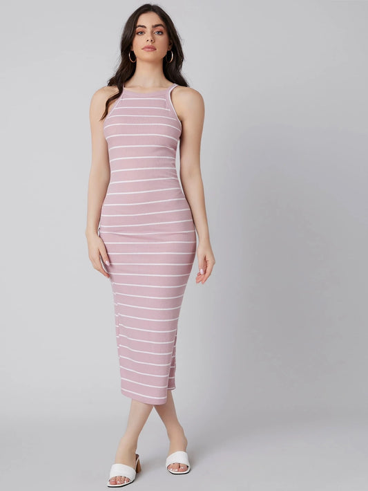 Rib-Knit Striped Bodycon Midi Dress | Spaghetti Strap Slim Fit Casual Summer Dress