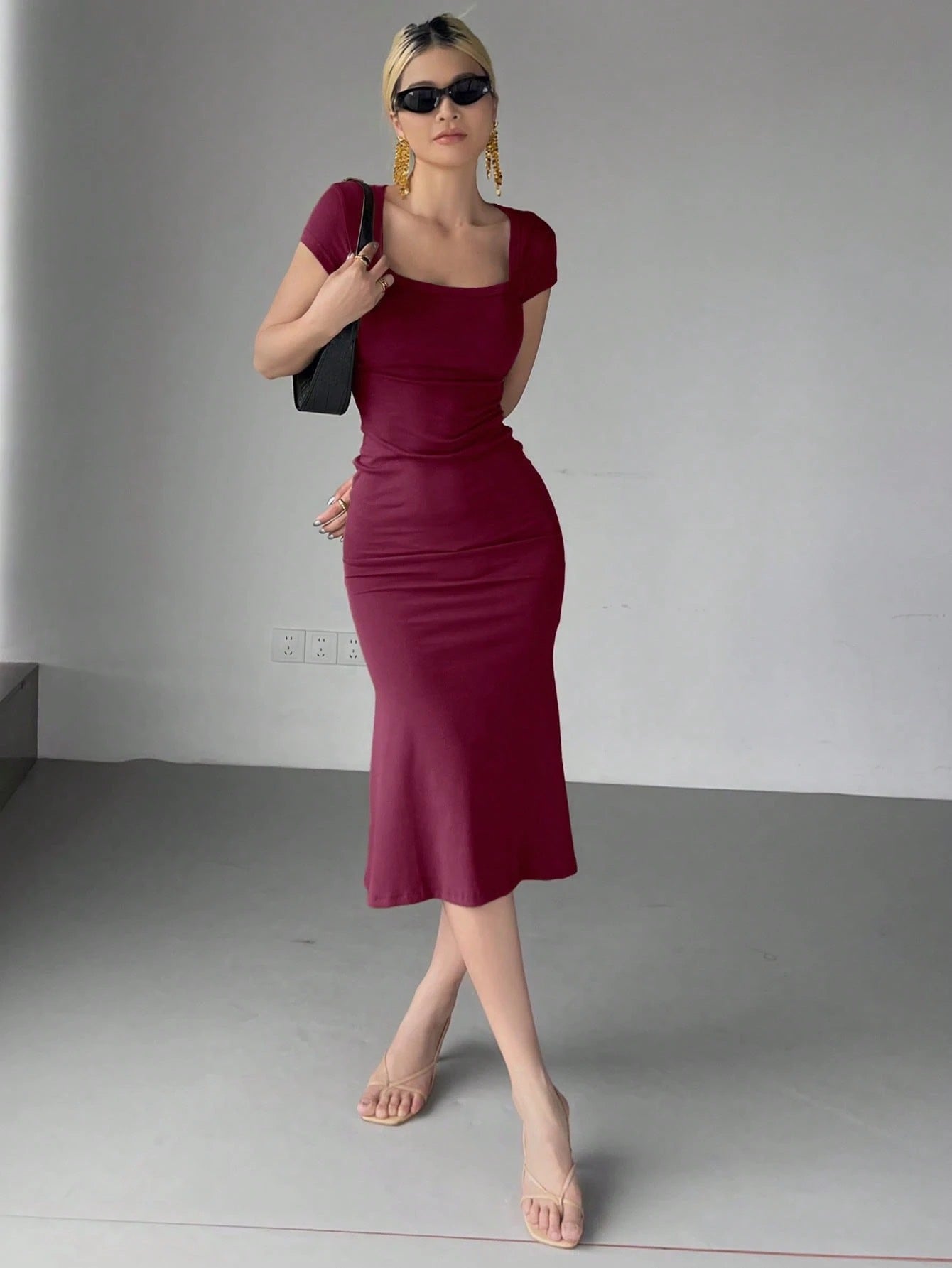 Wrap Square Neck Fishtail Midi Dress | Slim Fit Ruched Bodycon Elegant Party Wear