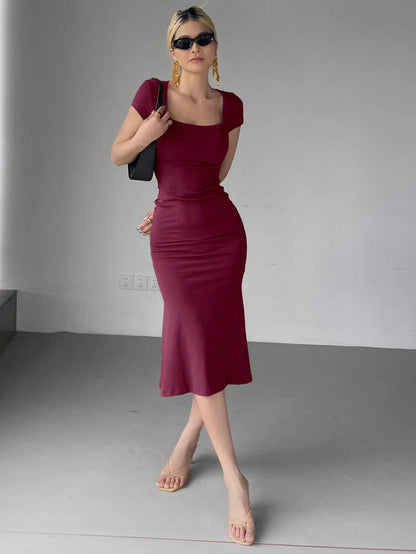 Wrap Square Neck Fishtail Midi Dress | Slim Fit Ruched Bodycon Elegant Party Wear
