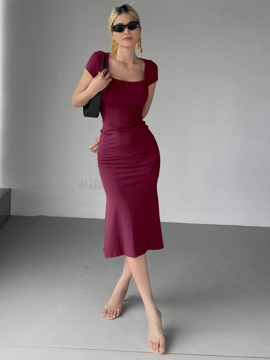 Wrap Square Neck Fishtail Midi Dress | Slim Fit Ruched Bodycon Elegant Party Wear