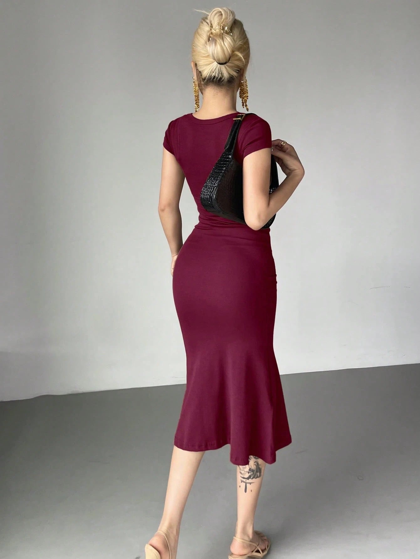 Wrap Square Neck Fishtail Midi Dress | Slim Fit Ruched Bodycon Elegant Party Wear