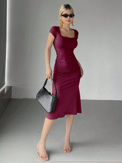 Wrap Square Neck Fishtail Midi Dress | Slim Fit Ruched Bodycon Elegant Party Wear