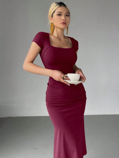 Wrap Square Neck Fishtail Midi Dress | Slim Fit Ruched Bodycon Elegant Party Wear