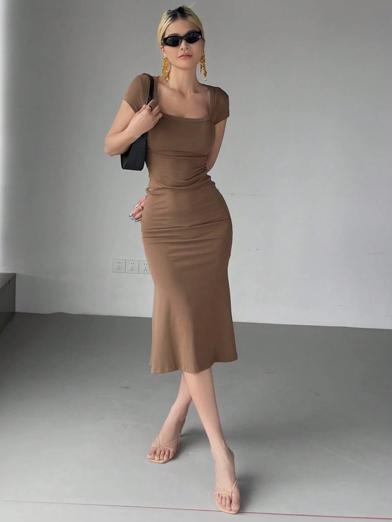 Wrap Square Neck Fishtail Midi Dress | Slim Fit Ruched Bodycon Elegant Party Wear