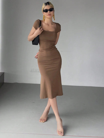 Wrap Square Neck Fishtail Midi Dress | Slim Fit Ruched Bodycon Elegant Party Wear