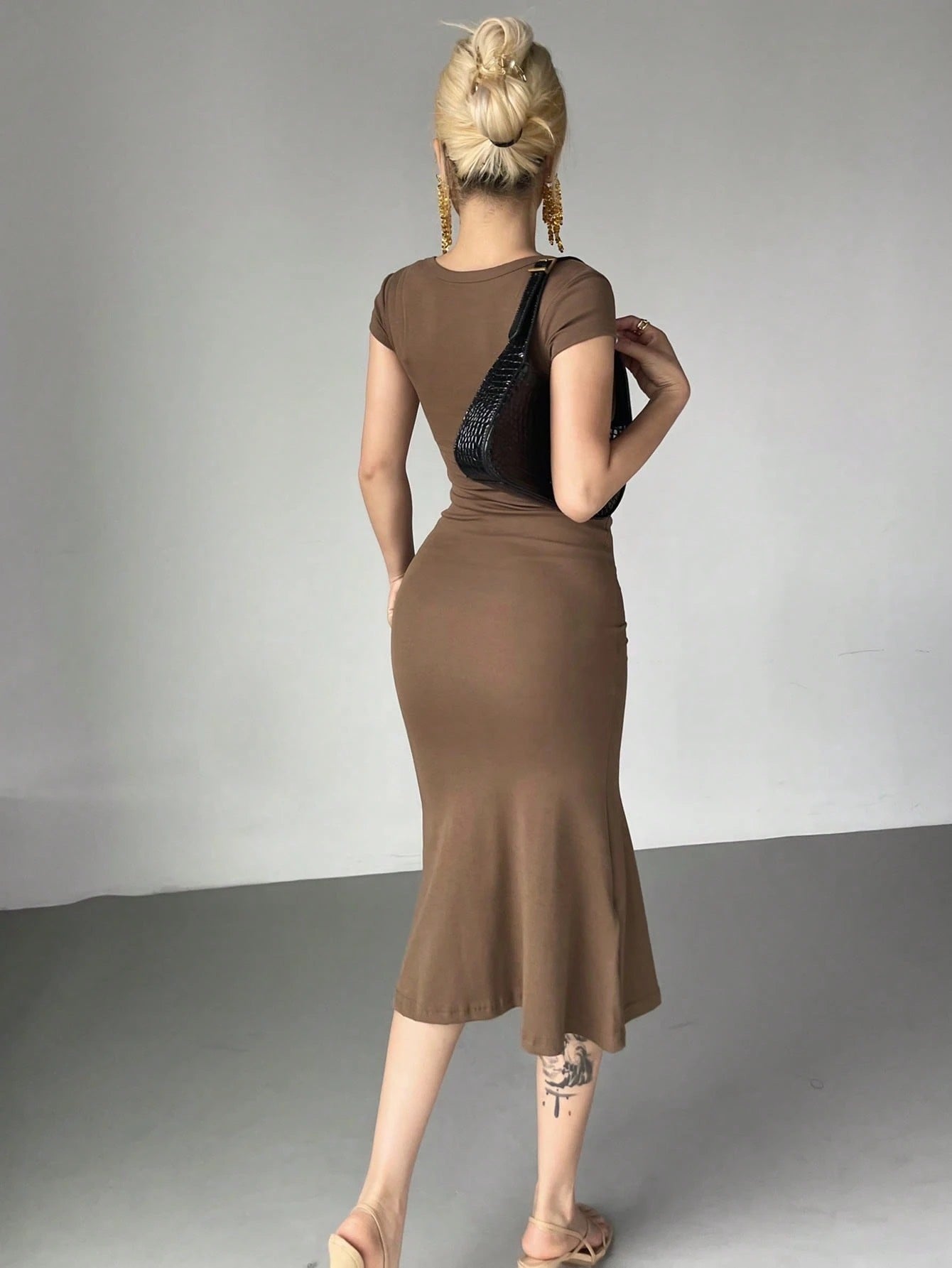 Wrap Square Neck Fishtail Midi Dress | Slim Fit Ruched Bodycon Elegant Party Wear
