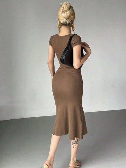 Wrap Square Neck Fishtail Midi Dress | Slim Fit Ruched Bodycon Elegant Party Wear