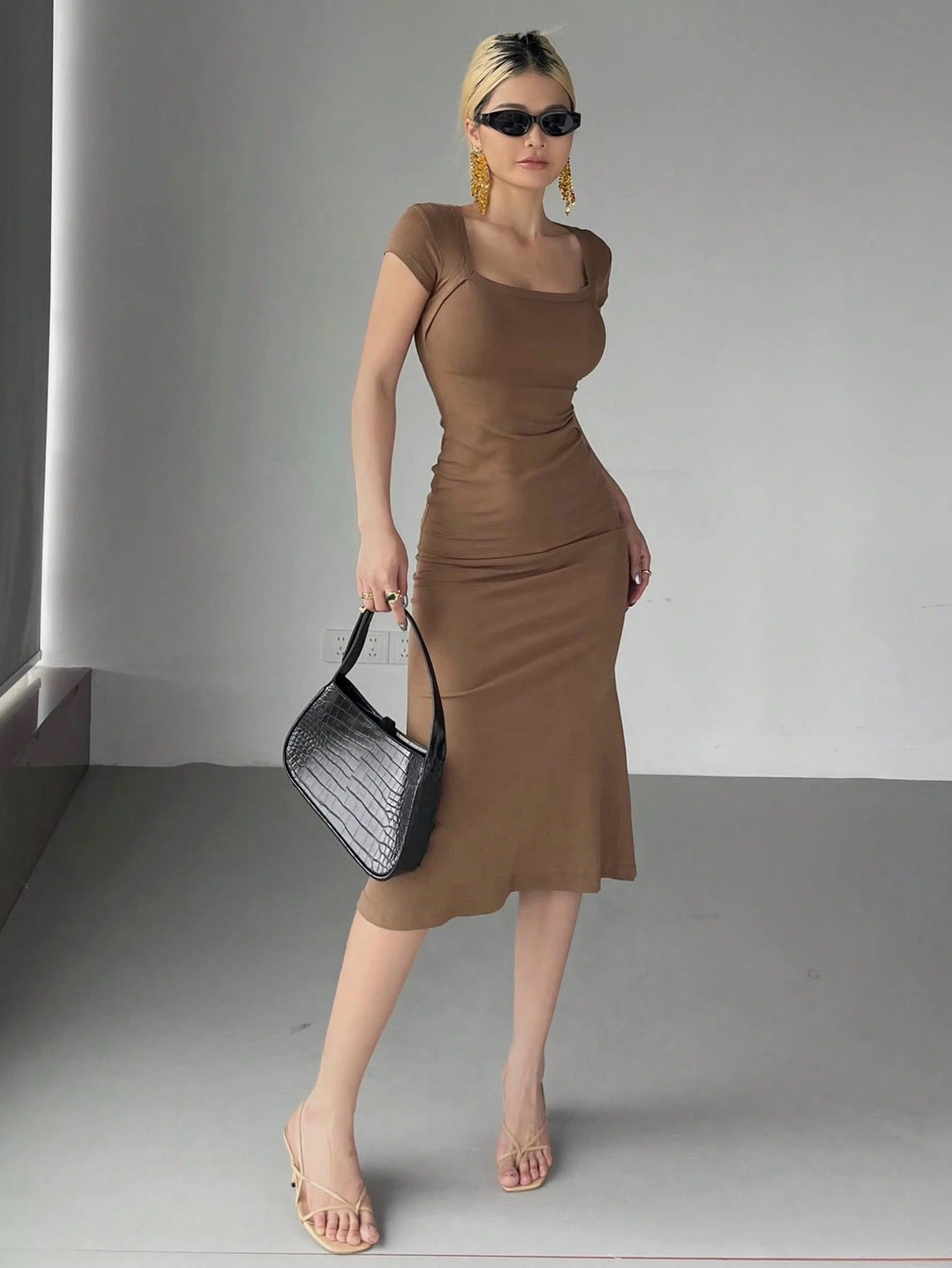 Wrap Square Neck Fishtail Midi Dress | Slim Fit Ruched Bodycon Elegant Party Wear