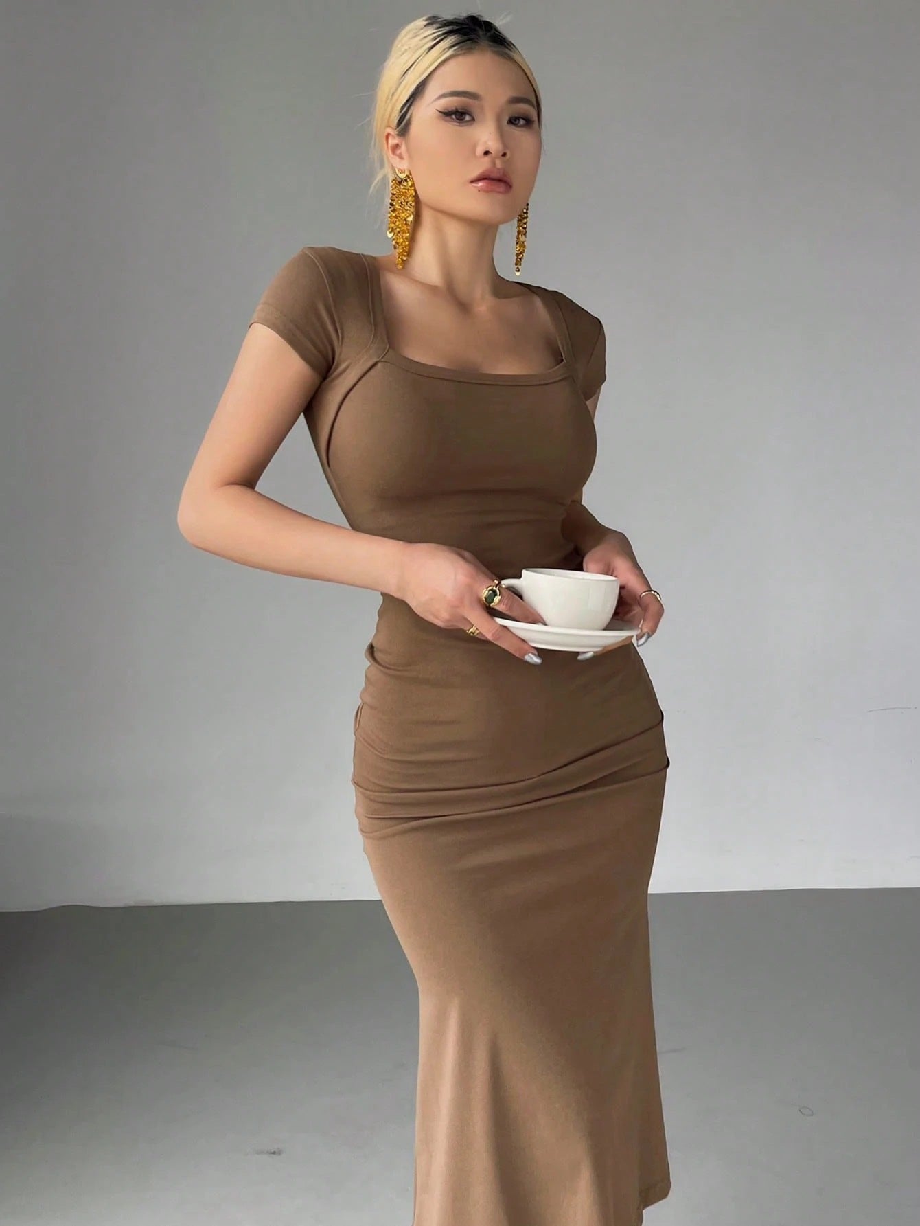 Wrap Square Neck Fishtail Midi Dress | Slim Fit Ruched Bodycon Elegant Party Wear