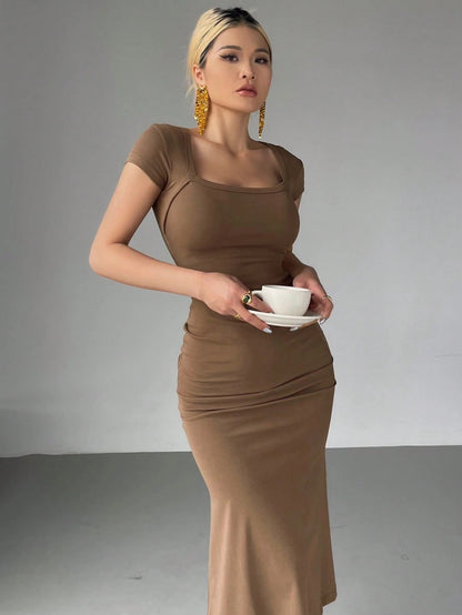 Wrap Square Neck Fishtail Midi Dress | Slim Fit Ruched Bodycon Elegant Party Wear