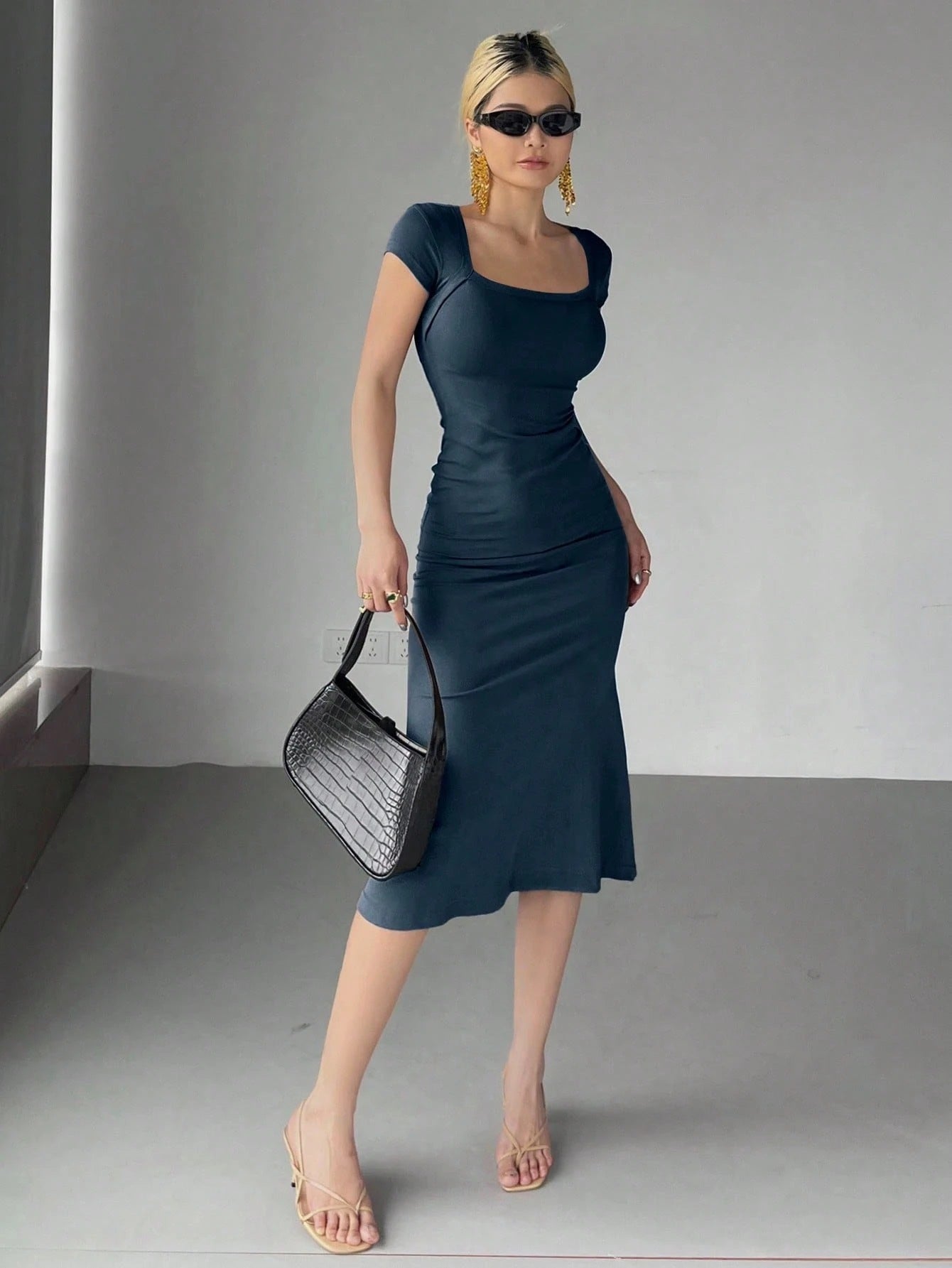 Wrap Square Neck Fishtail Midi Dress | Slim Fit Ruched Bodycon Elegant Party Wear