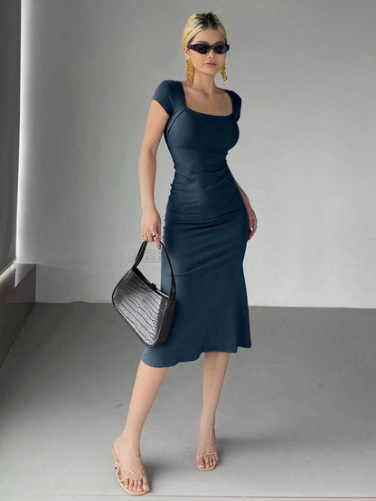 Wrap Square Neck Fishtail Midi Dress | Slim Fit Ruched Bodycon Elegant Party Wear