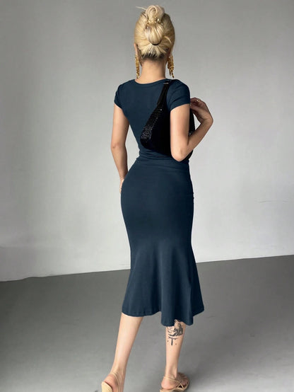 Wrap Square Neck Fishtail Midi Dress | Slim Fit Ruched Bodycon Elegant Party Wear