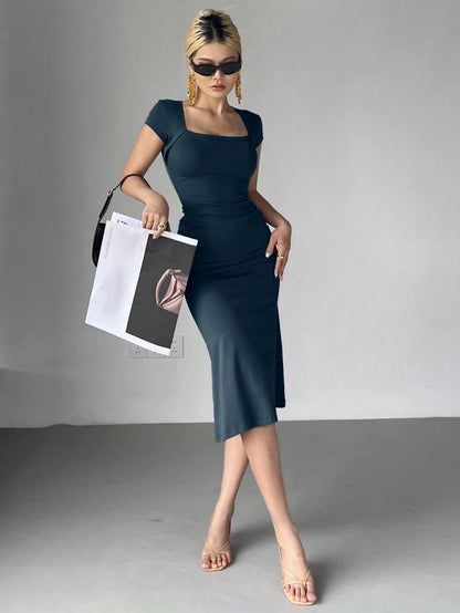 Wrap Square Neck Fishtail Midi Dress | Slim Fit Ruched Bodycon Elegant Party Wear