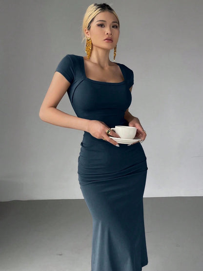 Wrap Square Neck Fishtail Midi Dress | Slim Fit Ruched Bodycon Elegant Party Wear