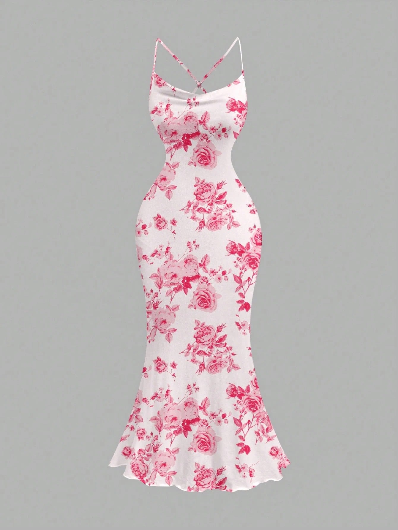 Floral Draped Neck Maxi Dress | French-Style Cami Summer Party Wear with Mermaid Hem