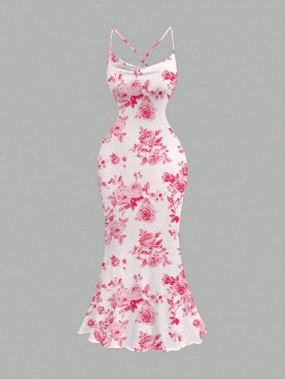 Floral Draped Neck Maxi Dress | French-Style Cami Summer Party Wear with Mermaid Hem