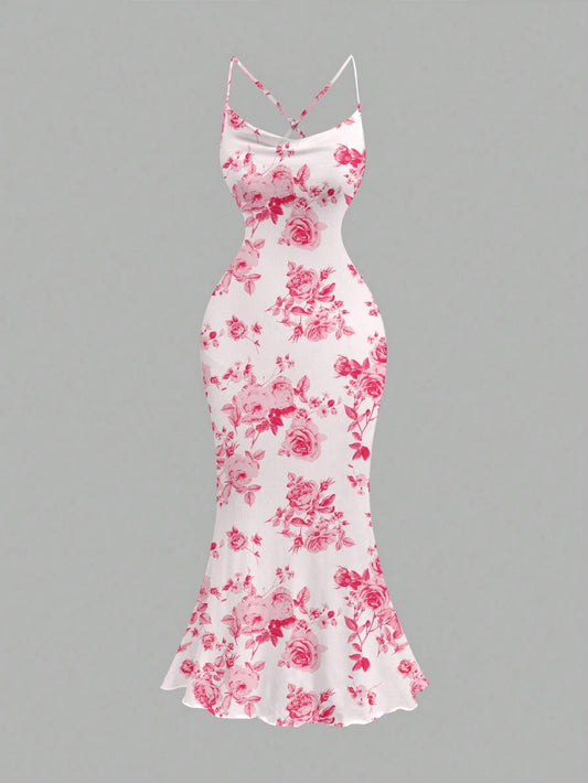 Floral Draped Neck Maxi Dress | French-Style Cami Summer Party Wear with Mermaid Hem