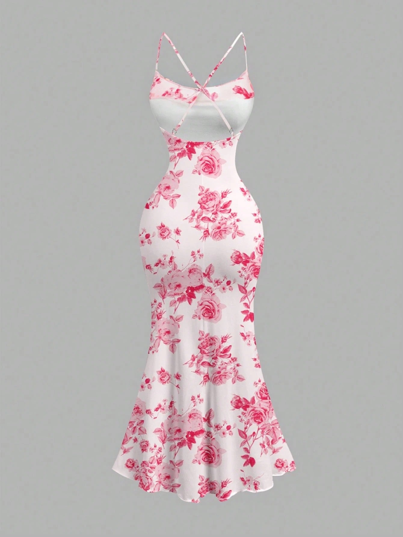 Floral Draped Neck Maxi Dress | French-Style Cami Summer Party Wear with Mermaid Hem