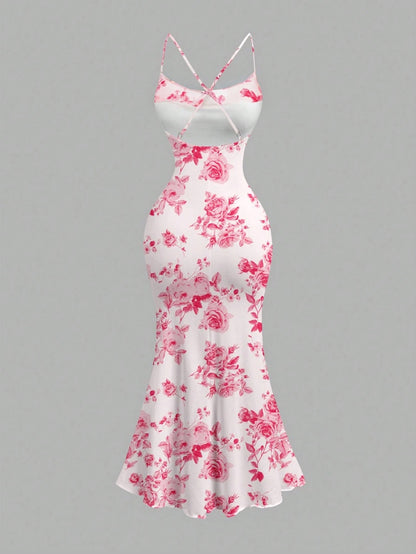 Floral Draped Neck Maxi Dress | French-Style Cami Summer Party Wear with Mermaid Hem