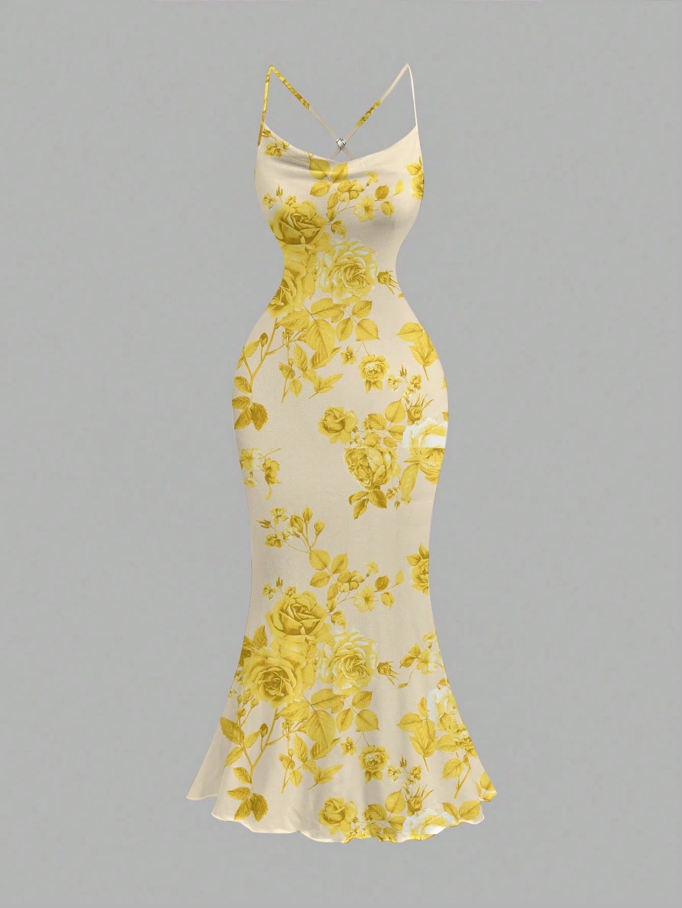 Floral Draped Neck Maxi Dress | French-Style Cami Summer Party Wear with Mermaid Hem