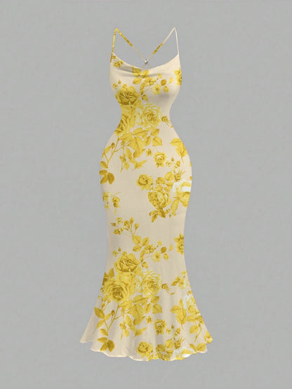 Floral Draped Neck Maxi Dress | French-Style Cami Summer Party Wear with Mermaid Hem