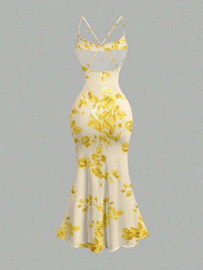 Floral Draped Neck Maxi Dress | French-Style Cami Summer Party Wear with Mermaid Hem