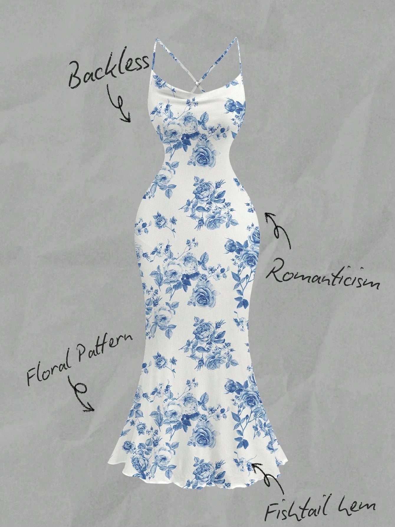 Floral Draped Neck Maxi Dress | French-Style Cami Summer Party Wear with Mermaid Hem