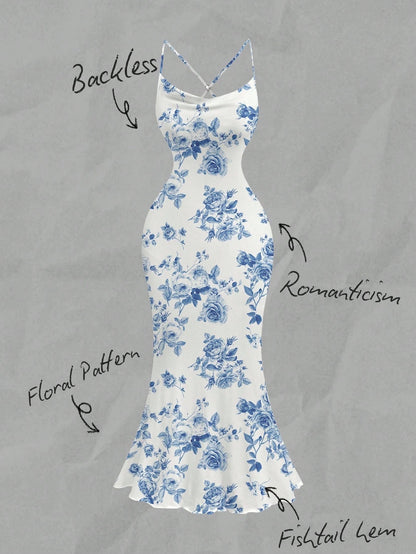 Floral Draped Neck Maxi Dress | French-Style Cami Summer Party Wear with Mermaid Hem