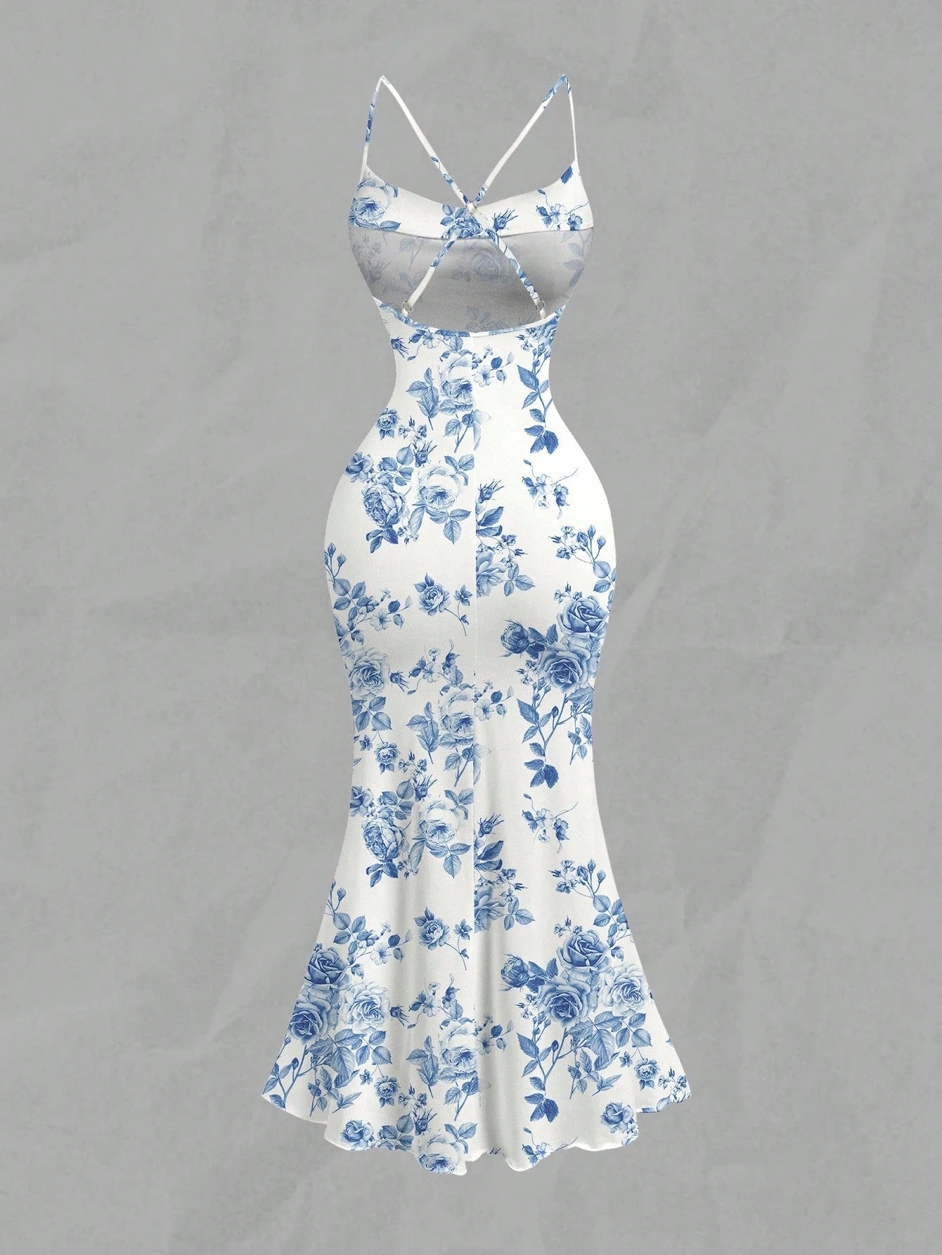 Floral Draped Neck Maxi Dress | French-Style Cami Summer Party Wear with Mermaid Hem