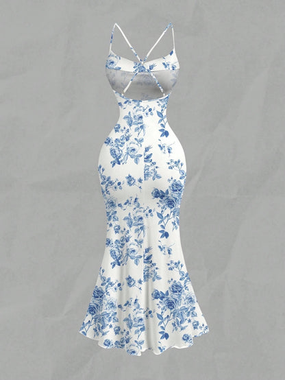 Floral Draped Neck Maxi Dress | French-Style Cami Summer Party Wear with Mermaid Hem