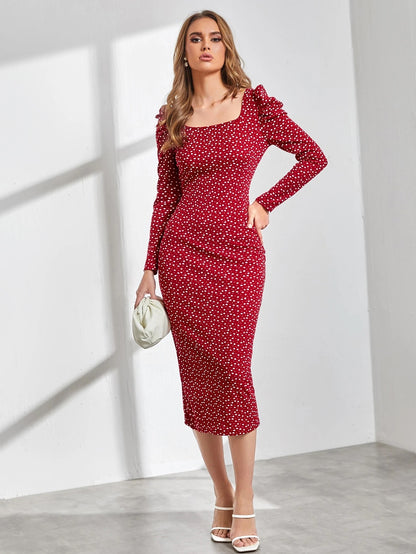 Red Heart Print Bodycon Midi Dress with Square Neck & Puff Sleeves