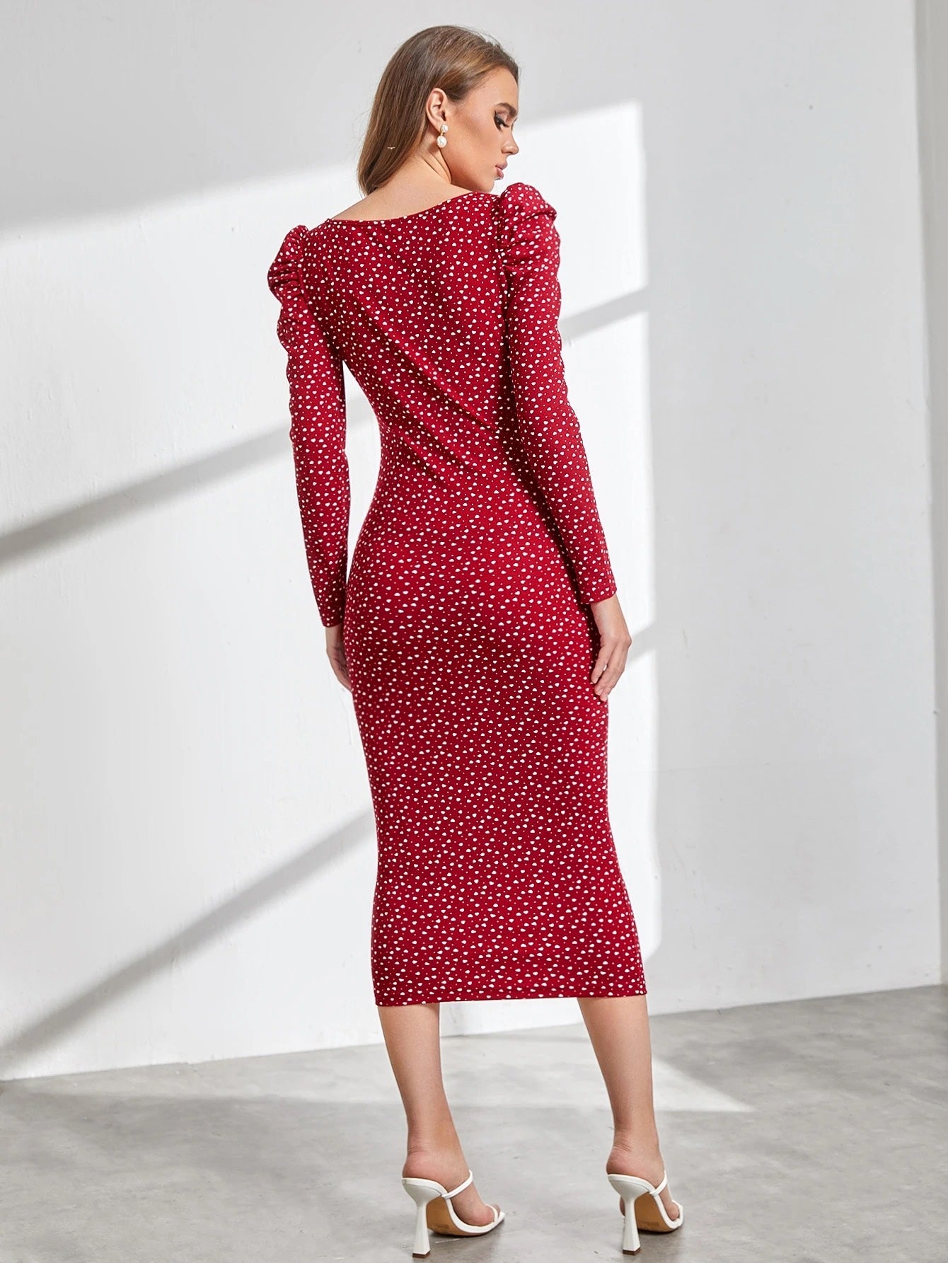 Red Heart Print Bodycon Midi Dress with Square Neck & Puff Sleeves