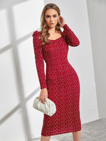 Red Heart Print Bodycon Midi Dress with Square Neck & Puff Sleeves