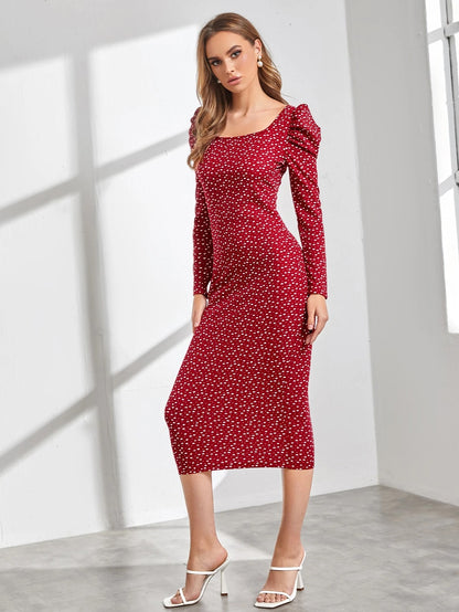 Red Heart Print Bodycon Midi Dress with Square Neck & Puff Sleeves