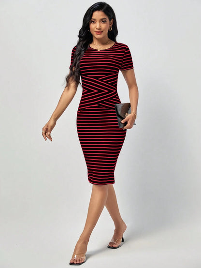 Striped Bodycon Midi Dress with Round Neck & Short Sleeves – Slim Fit Casual Summer Dress