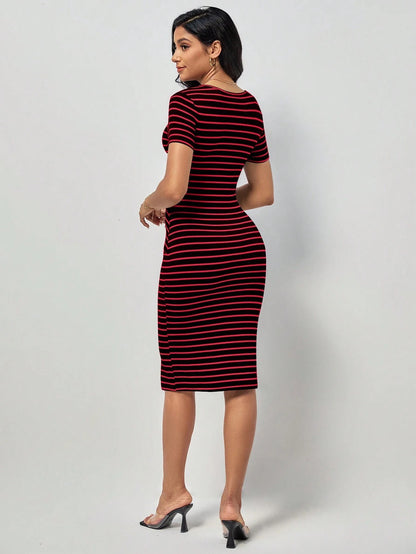 Striped Bodycon Midi Dress with Round Neck & Short Sleeves – Slim Fit Casual Summer Dress