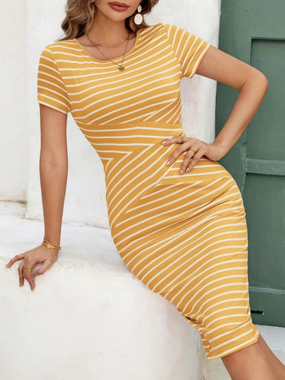 Striped Bodycon Midi Dress with Round Neck & Short Sleeves – Slim Fit Casual Summer Dress