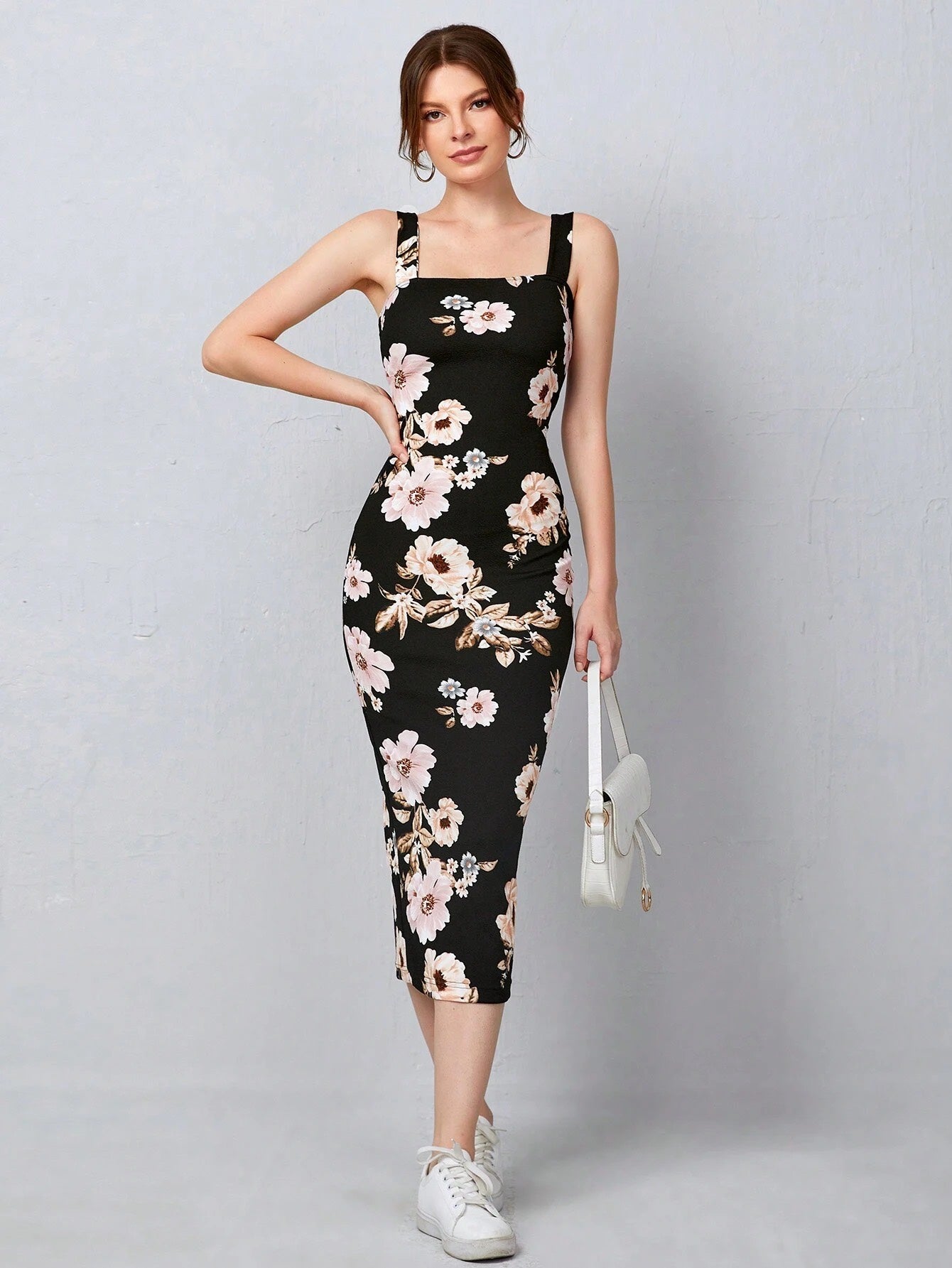 Floral Bodycon Midi Dress with Split Hem & Strappy Neck – Slim Fit Elegant Summer Dress