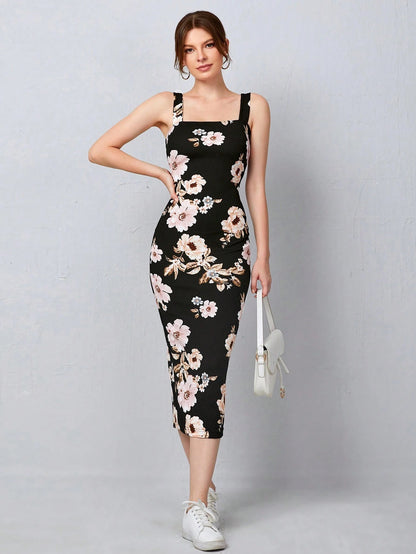 Floral Bodycon Midi Dress with Split Hem & Strappy Neck – Slim Fit Elegant Summer Dress