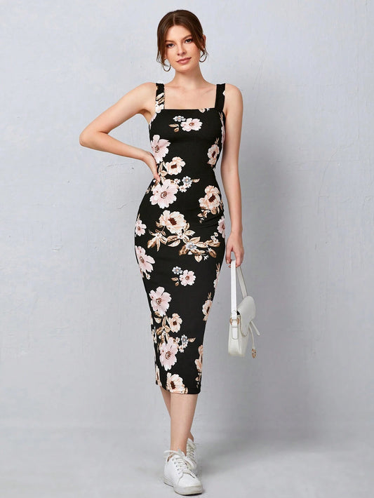 Floral Bodycon Midi Dress with Split Hem & Strappy Neck – Slim Fit Elegant Summer Dress