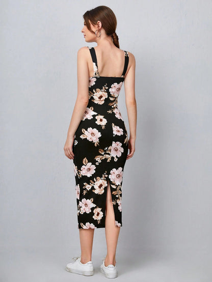 Floral Bodycon Midi Dress with Split Hem & Strappy Neck – Slim Fit Elegant Summer Dress