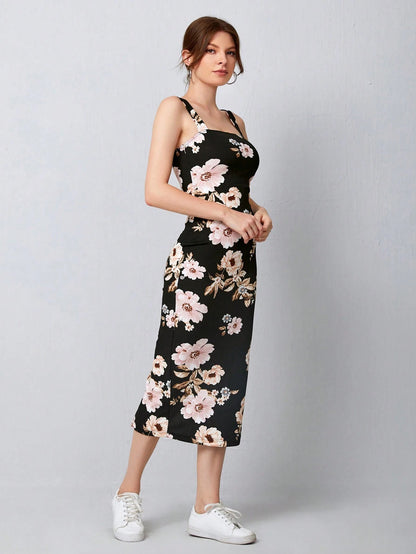 Floral Bodycon Midi Dress with Split Hem & Strappy Neck – Slim Fit Elegant Summer Dress