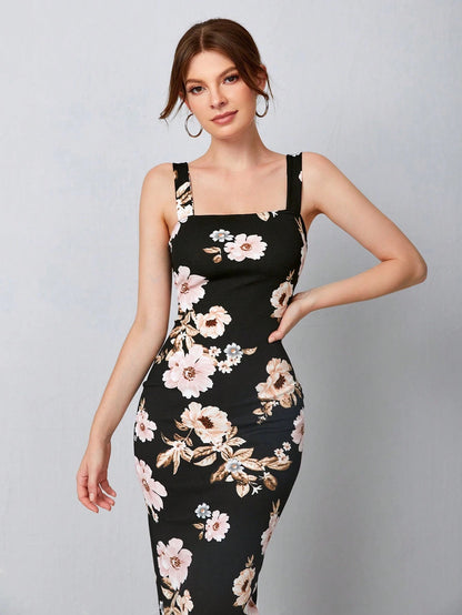 Floral Bodycon Midi Dress with Split Hem & Strappy Neck – Slim Fit Elegant Summer Dress