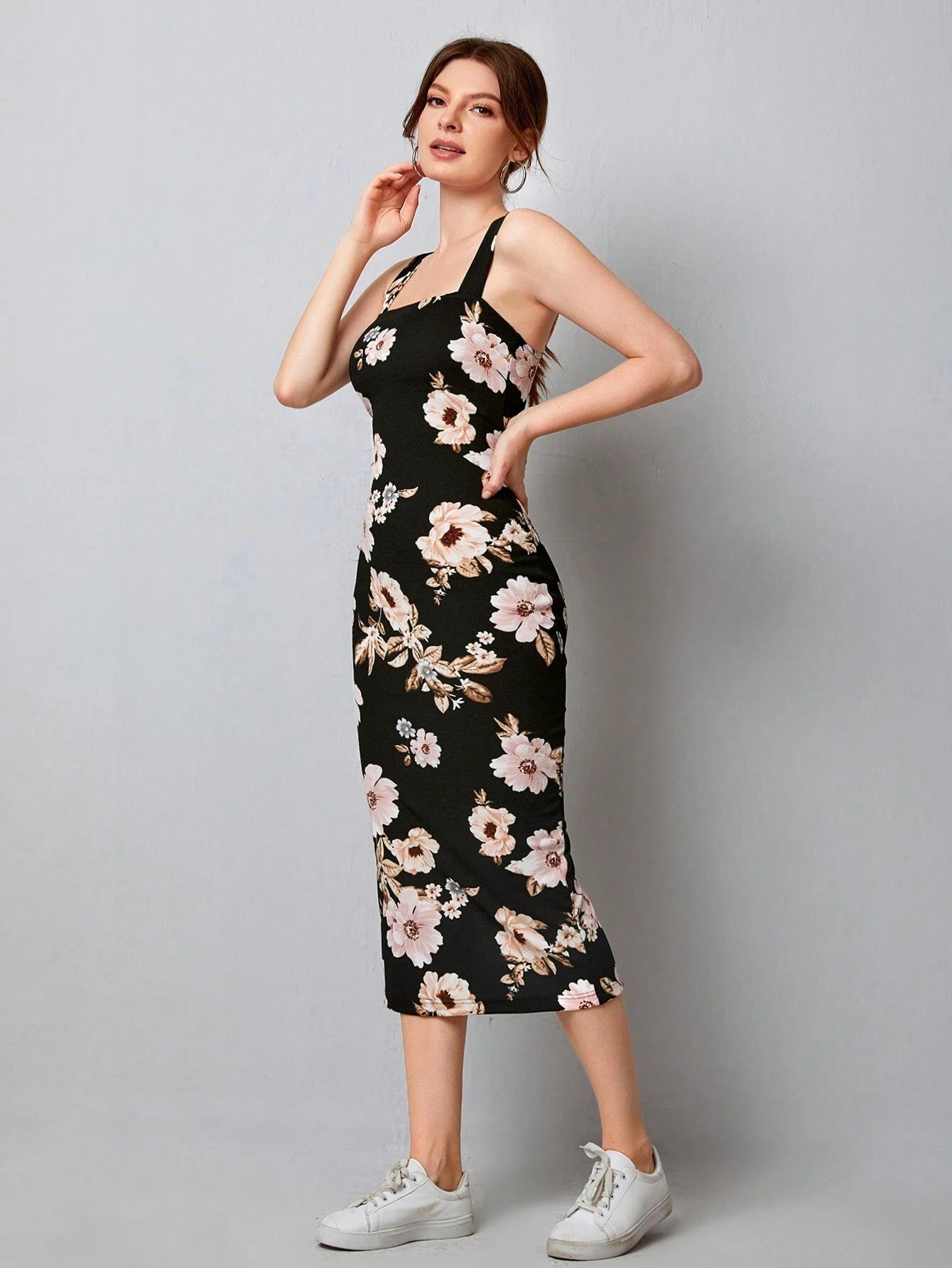 Floral Bodycon Midi Dress with Split Hem & Strappy Neck – Slim Fit Elegant Summer Dress