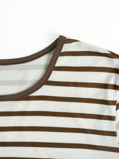 Striped Rib-Knit Bodycon Midi Dress in Round Neck  – Casual Slim Fit Everyday Dress