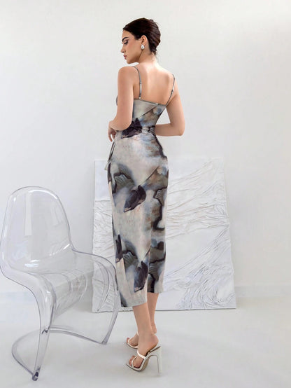 Tie-Dye Draped Neck Spaghetti Strap Bodycon Midi Dress with Slit – Elegant Party & Festival Wear