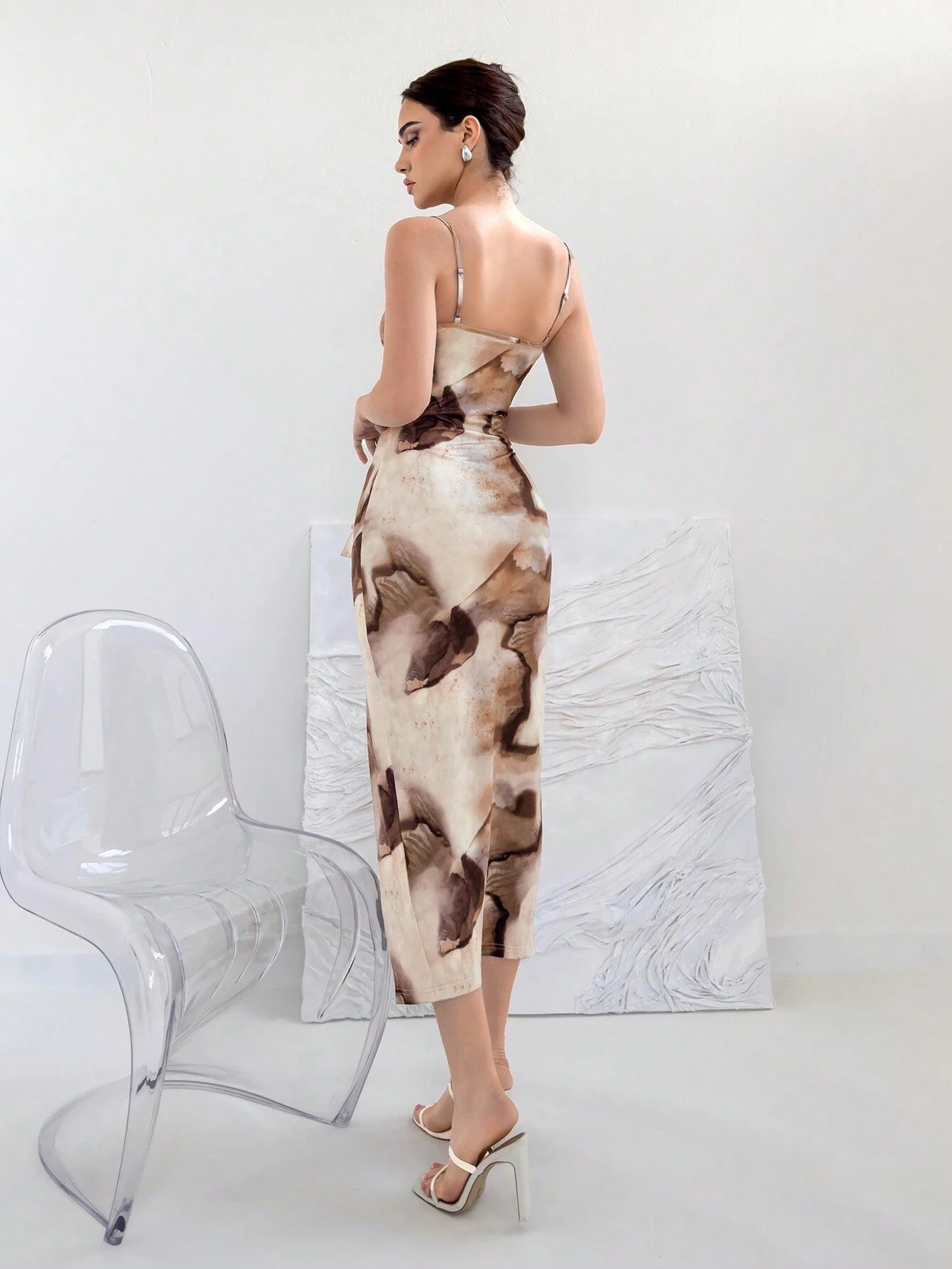 Tie-Dye Draped Neck Spaghetti Strap Bodycon Midi Dress with Slit – Elegant Party & Festival Wear