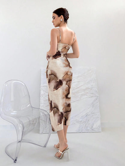Tie-Dye Draped Neck Spaghetti Strap Bodycon Midi Dress with Slit – Elegant Party & Festival Wear