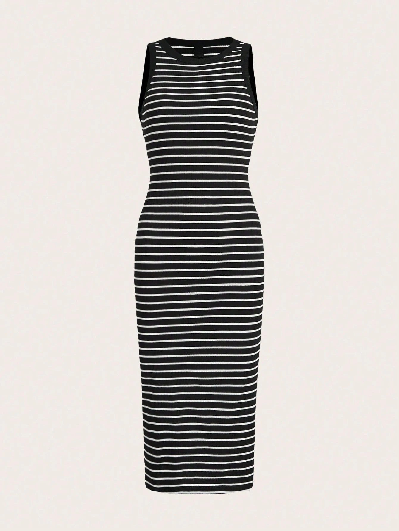 Striped Rib-Knit Bodycon Tank Midi Dress for Women – Casual Slim Fit Sleeveless Everyday Wear